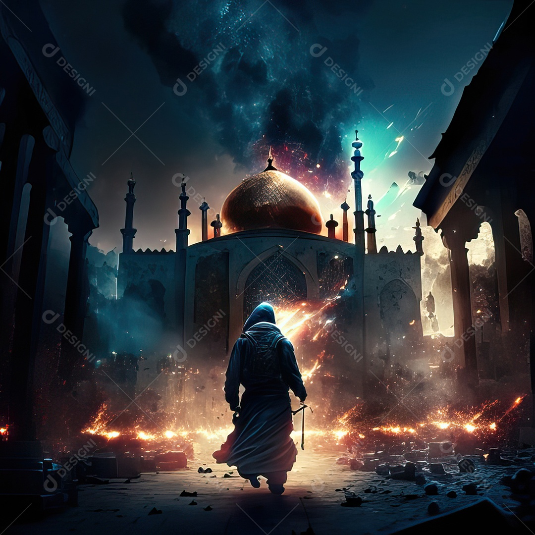 Retrato homem caminhando sobre cidade destruída