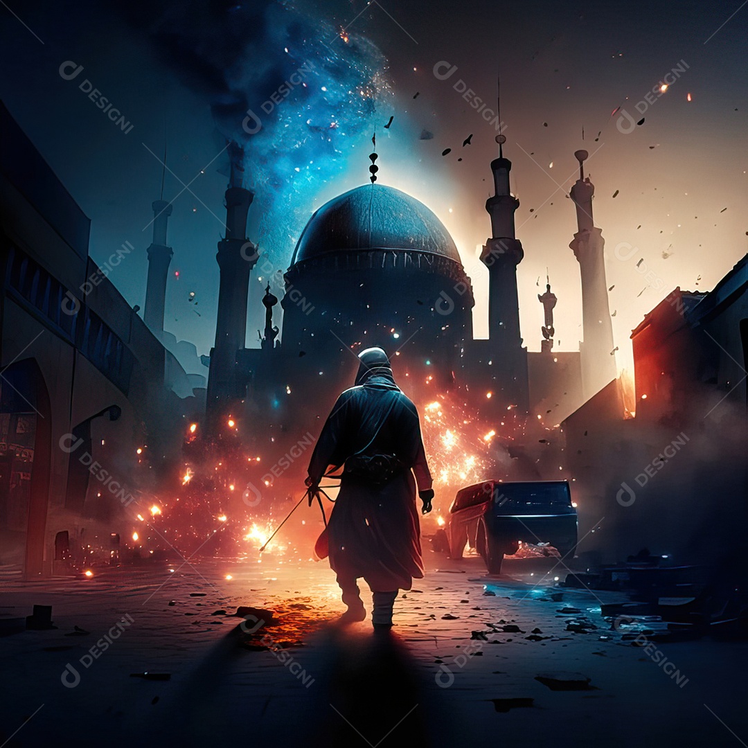 Retrato homem caminhando sobre cidade destruída