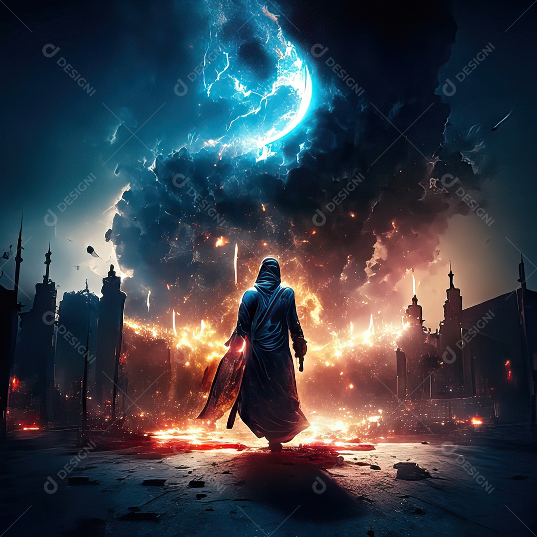 Retrato homem caminhando sobre cidade destruída