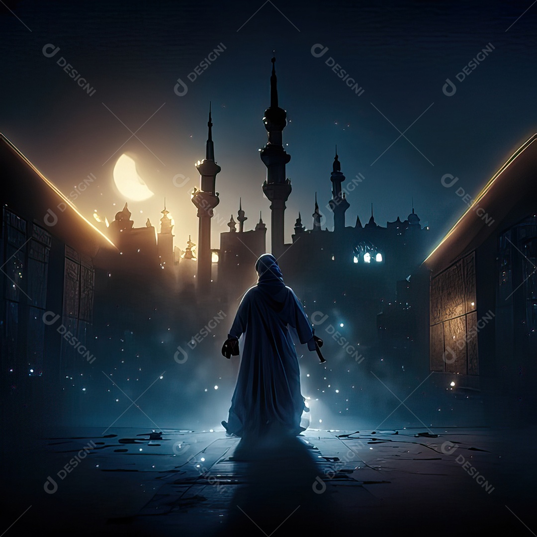 Retrato homem caminhando sobre cidade destruída