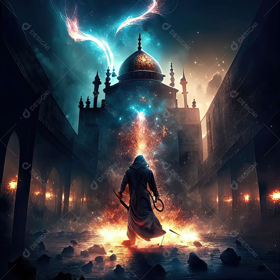 Retrato homem caminhando sobre cidade destruída