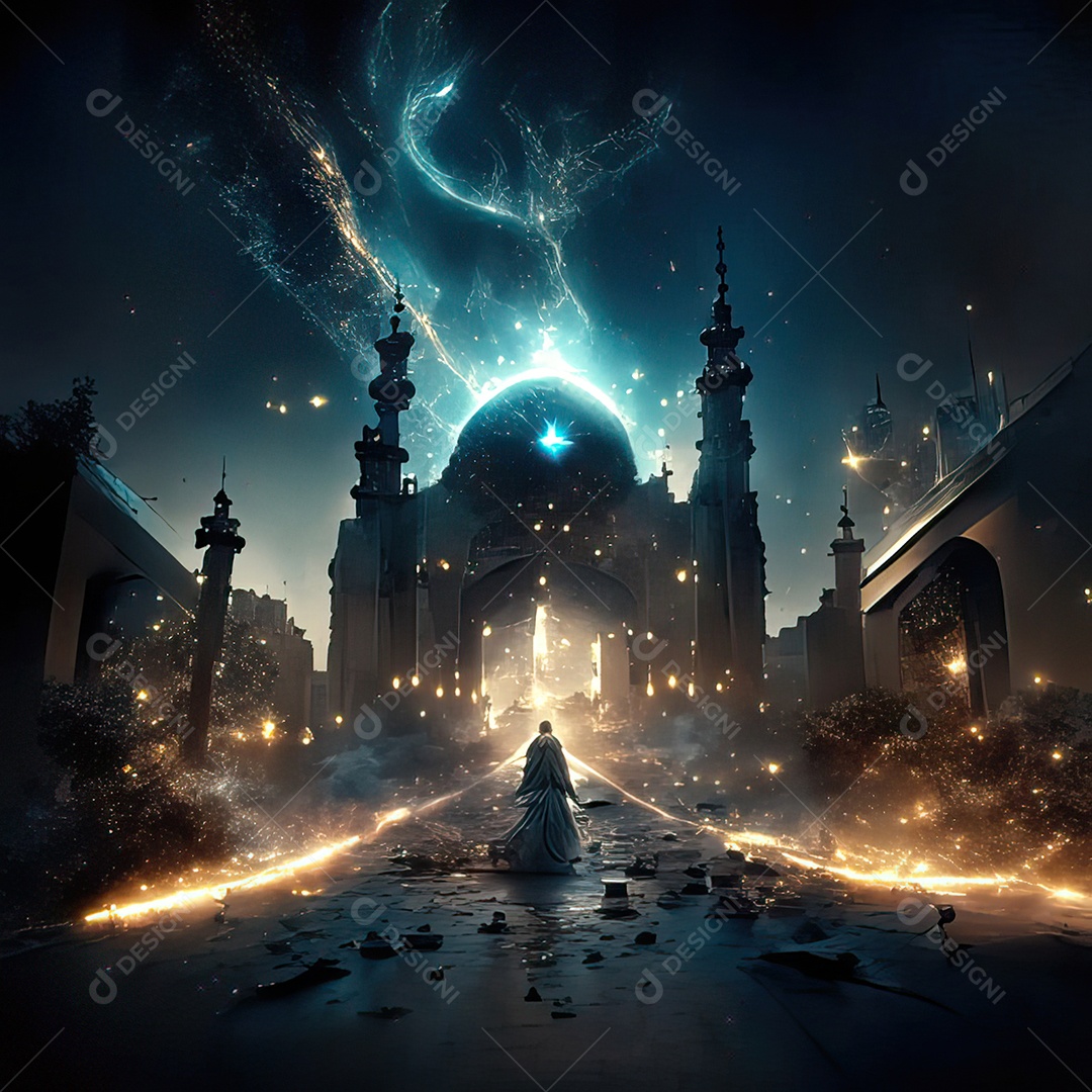 Retrato homem caminhando sobre cidade destruída