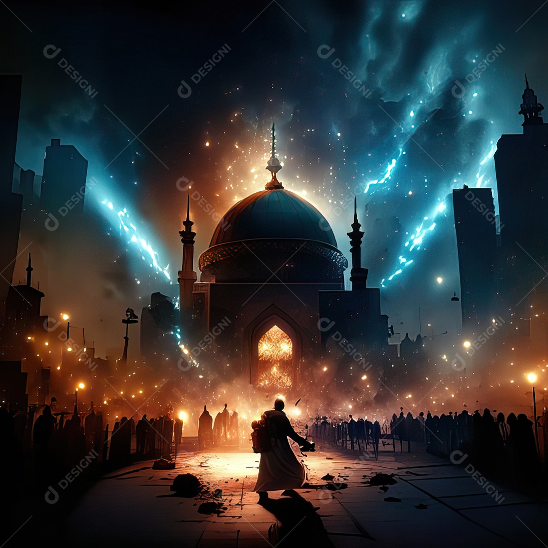 Retrato homem caminhando sobre cidade destruída