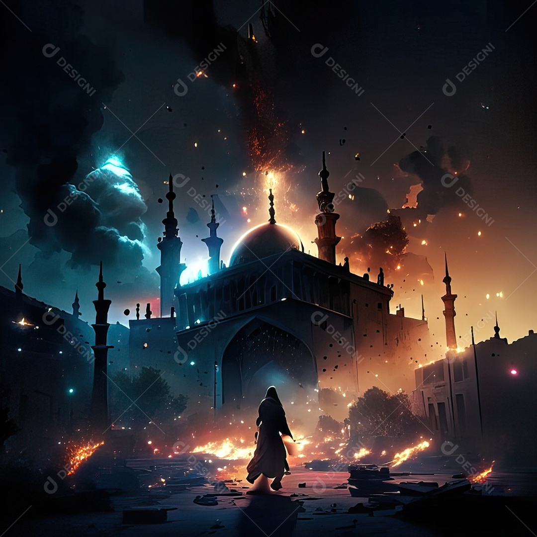 Retrato homem caminhando sobre cidade destruída