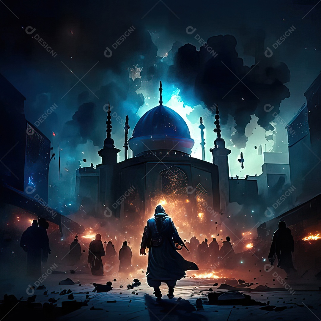 Retrato homem caminhando sobre cidade destruída