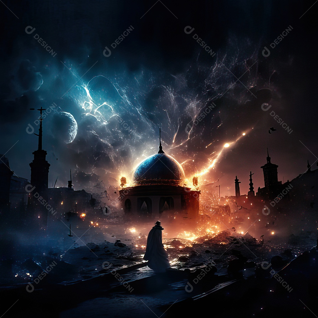 Retrato homem caminhando sobre cidade destruída