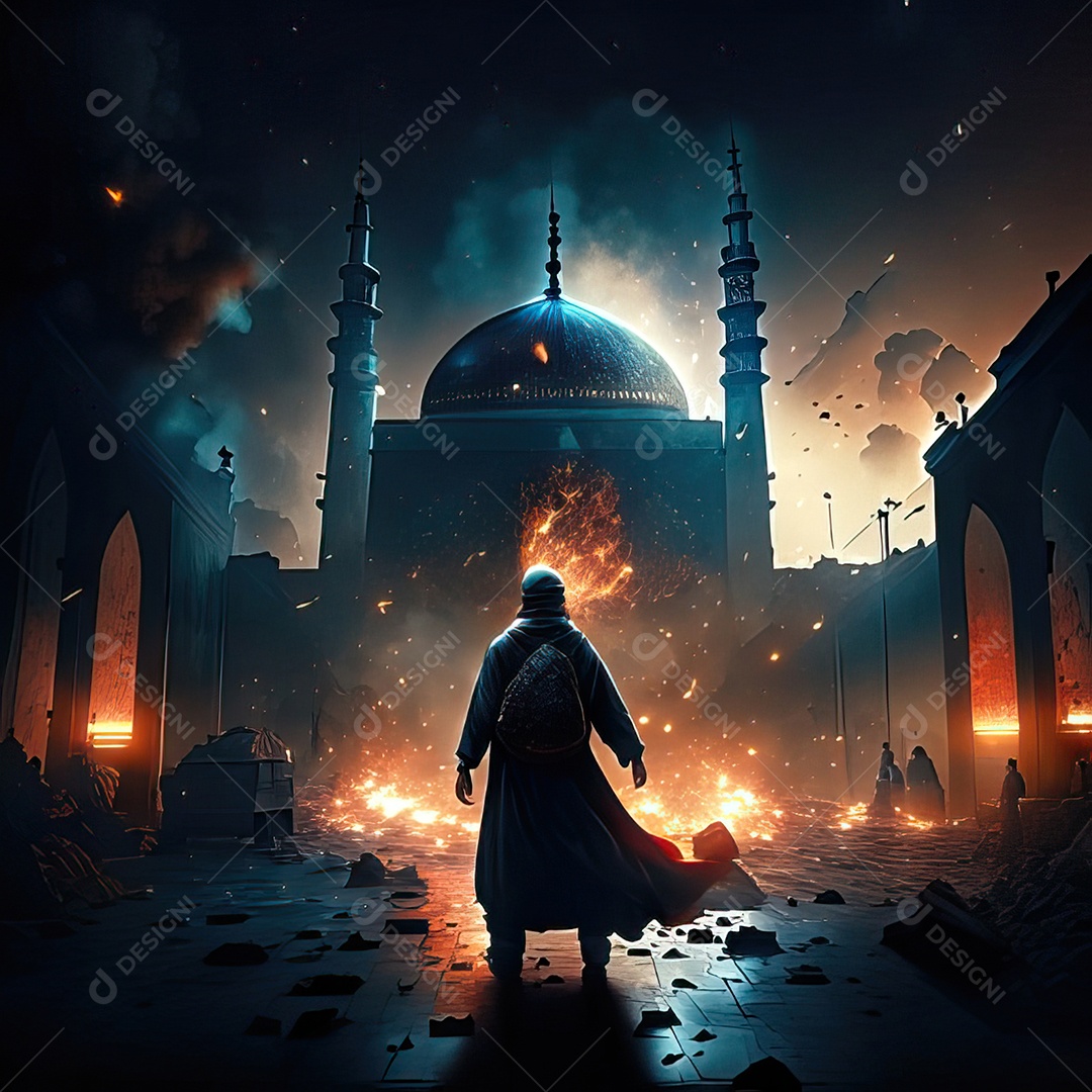 Retrato homem caminhando sobre cidade destruída