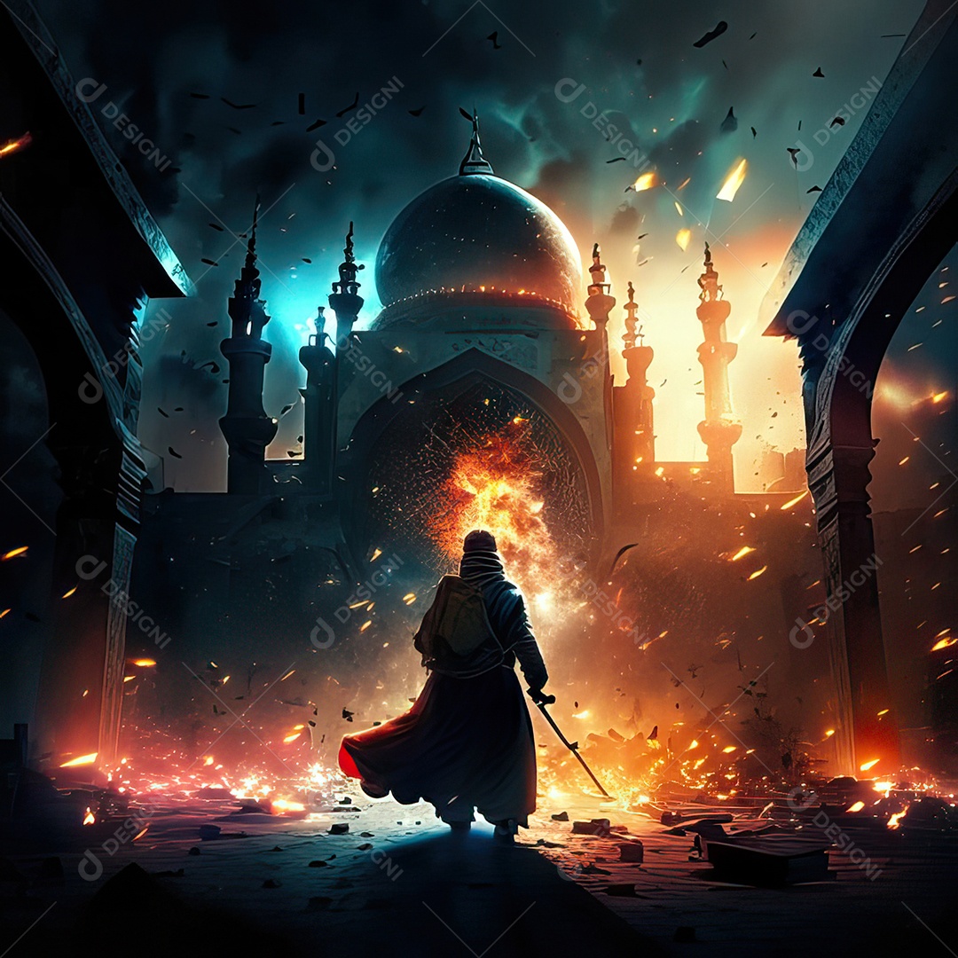 Retrato homem caminhando sobre cidade destruída