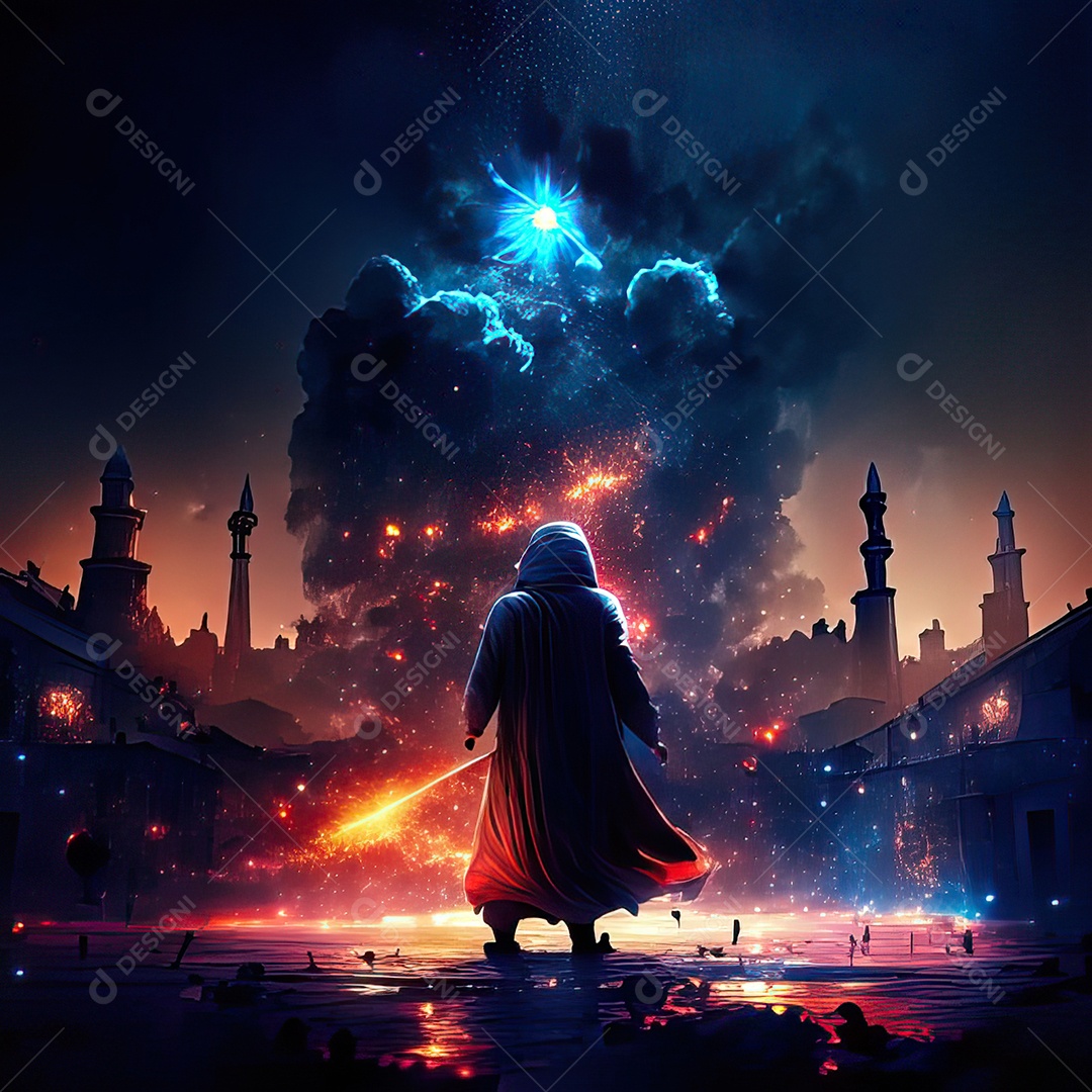 Retrato homem caminhando sobre cidade destruída