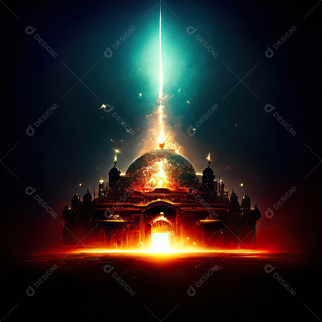Bismillah illustração sobre mesquita ao fundo