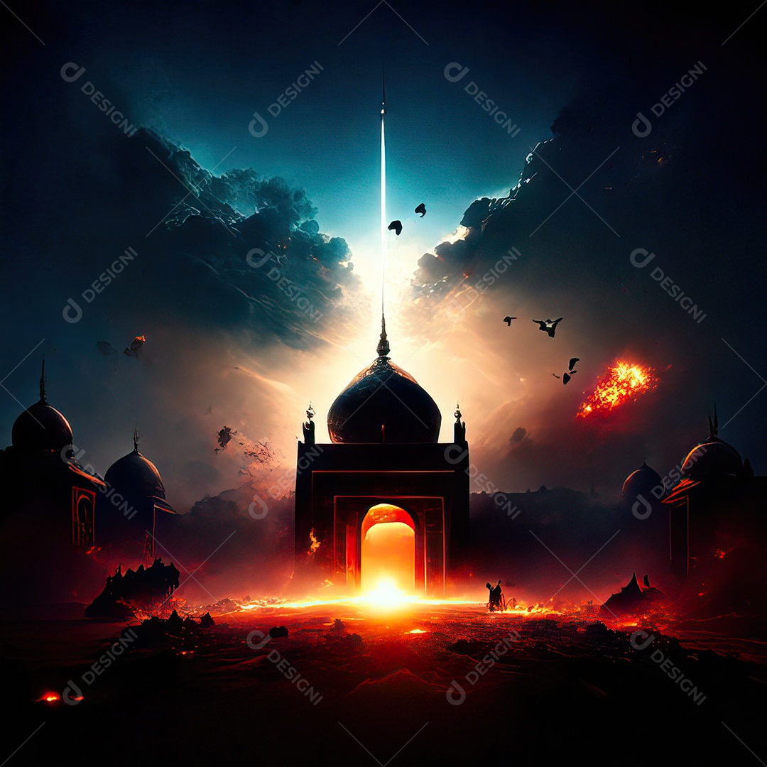 Bismillah illustração sobre mesquita ao fundo