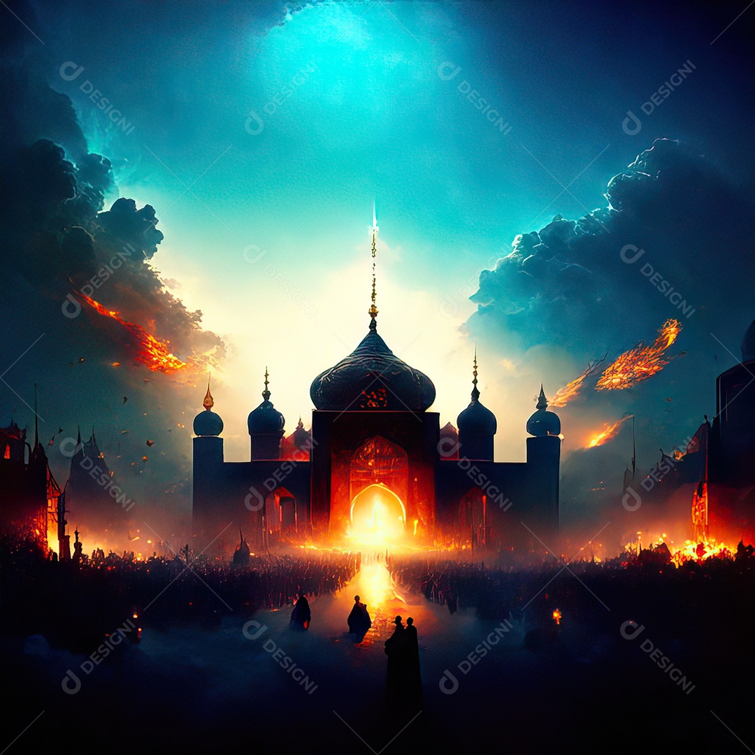 Bismillah illustração sobre mesquita ao fundo