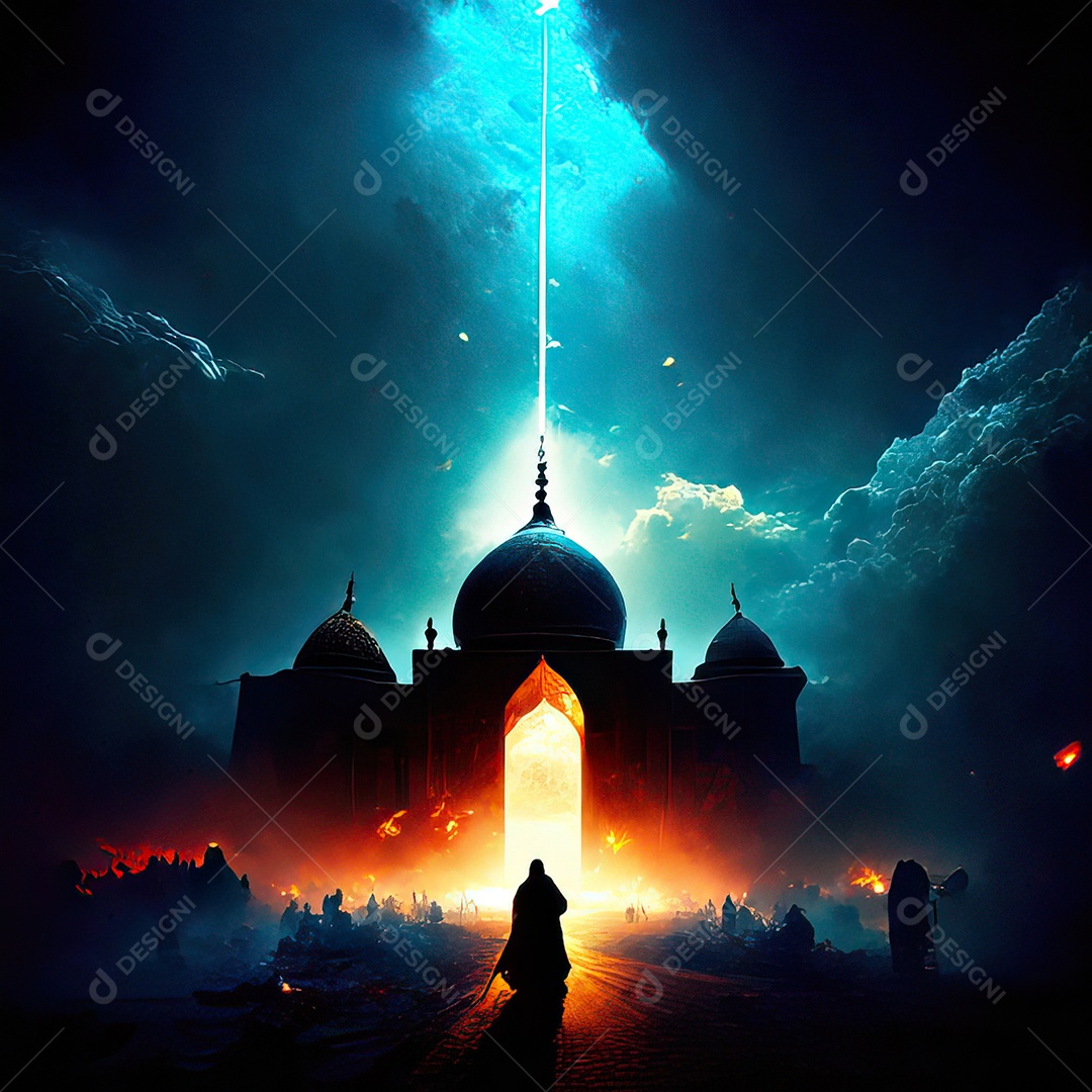 Bismillah illustração sobre mesquita ao fundo