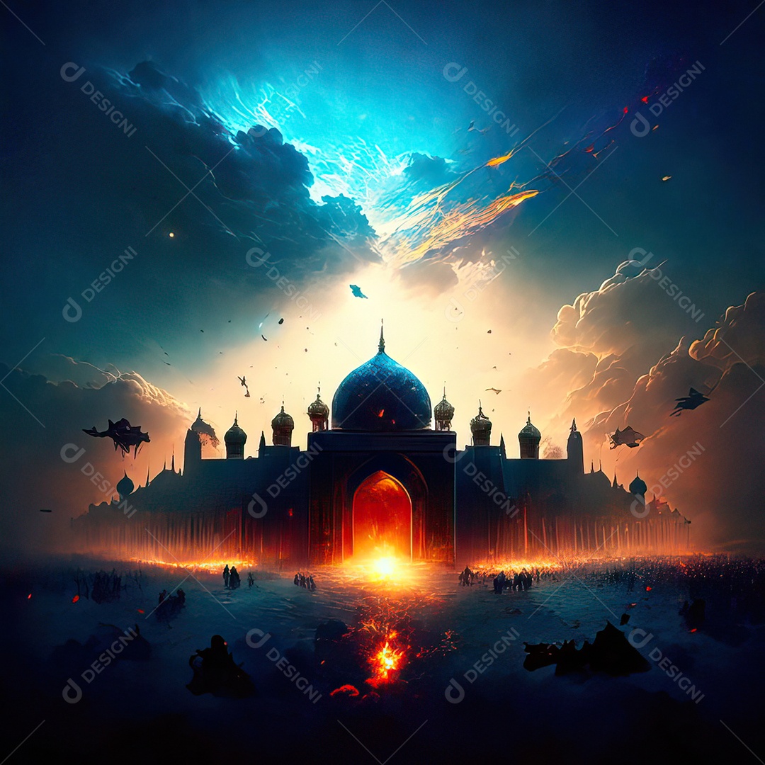 Bismillah illustração sobre mesquita ao fundo