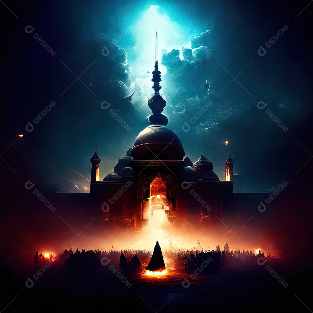 Bismillah illustração sobre mesquita ao fundo