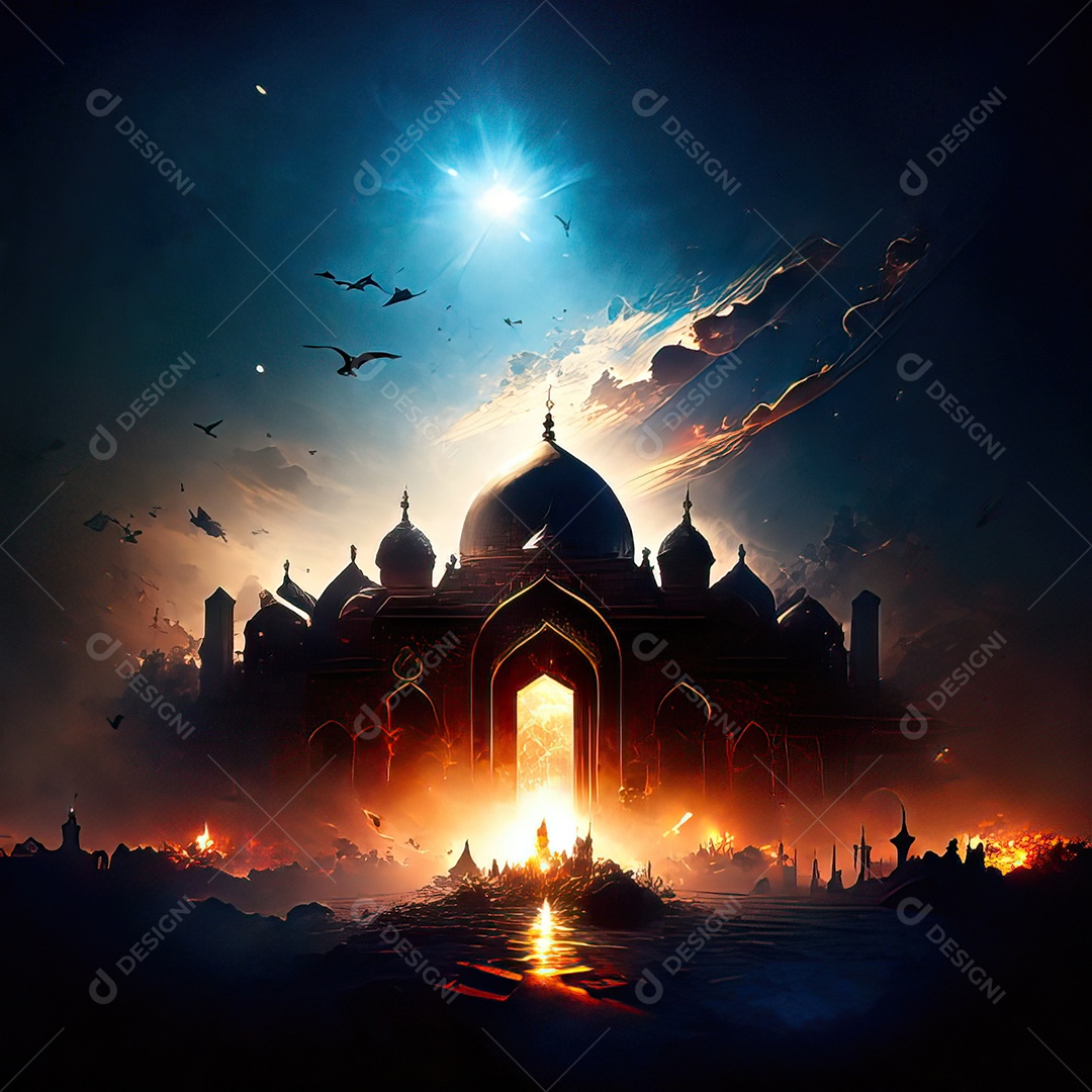 Bismillah illustração sobre mesquita ao fundo