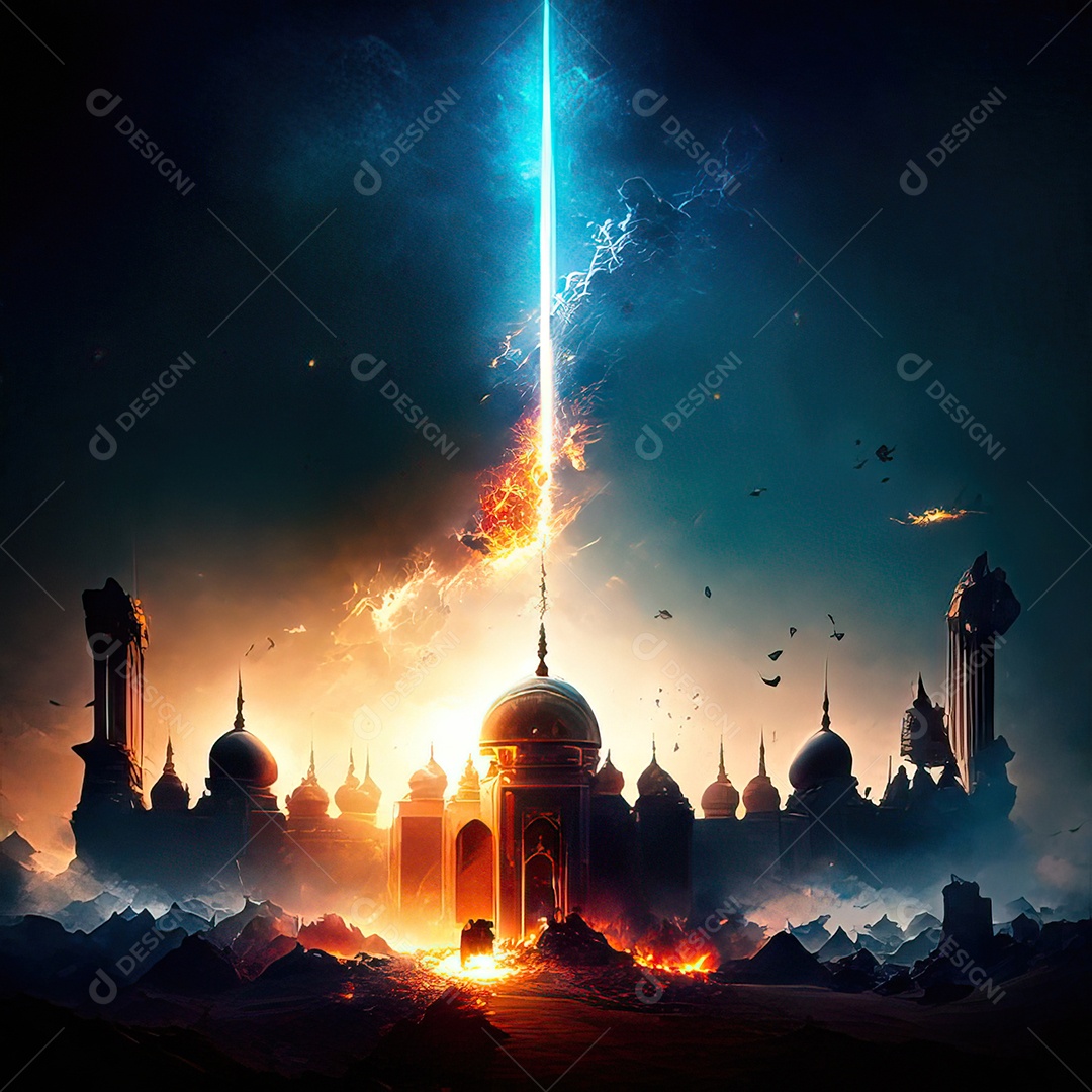 Bismillah illustração sobre mesquita ao fundo