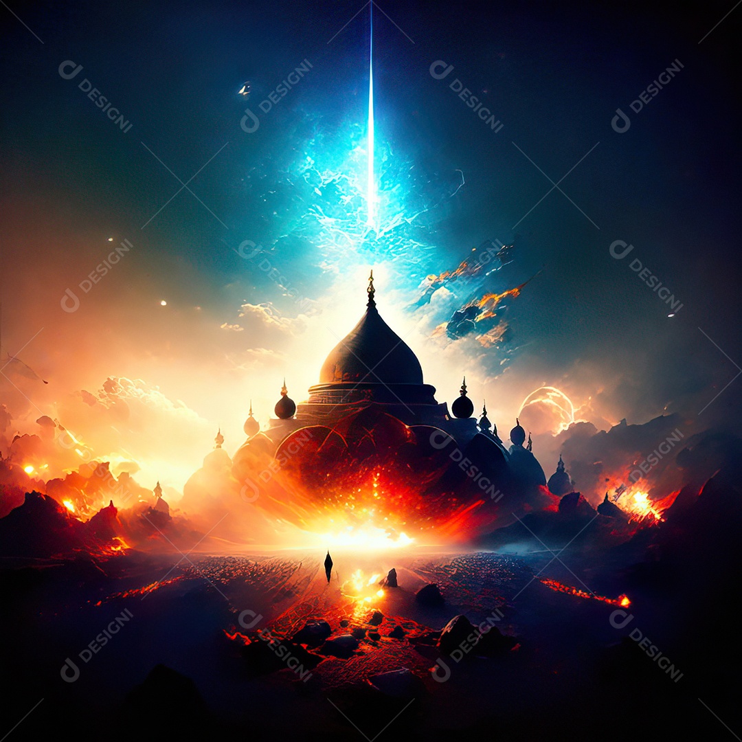 Bismillah illustração sobre mesquita ao fundo