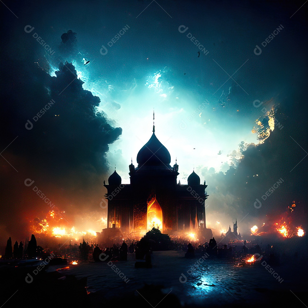 Bismillah illustração sobre mesquita ao fundo