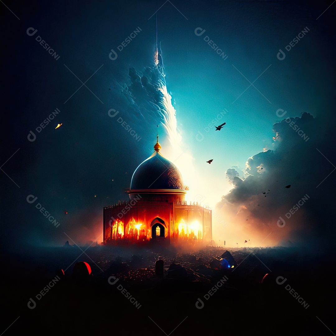 Bismillah illustração sobre mesquita ao fundo