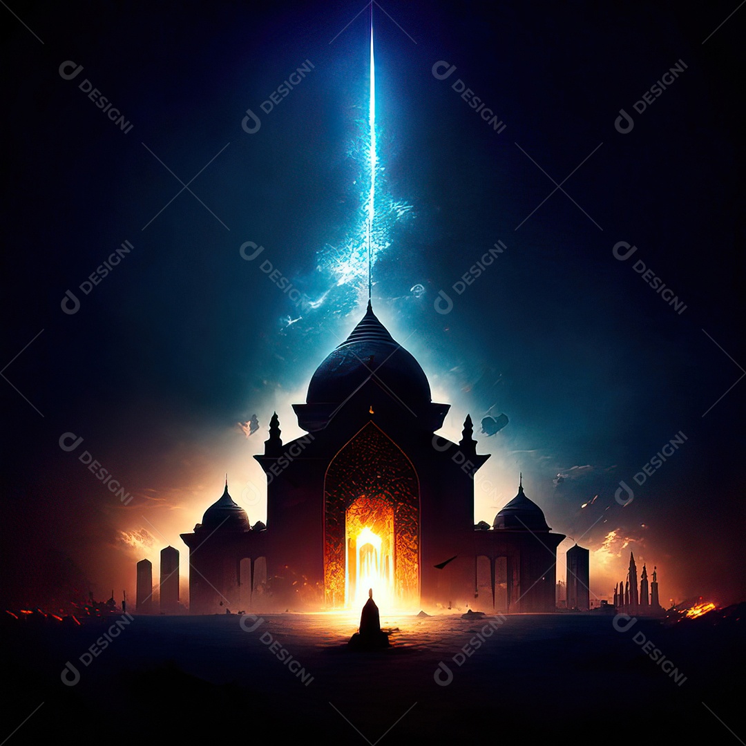 Bismillah illustração sobre mesquita ao fundo