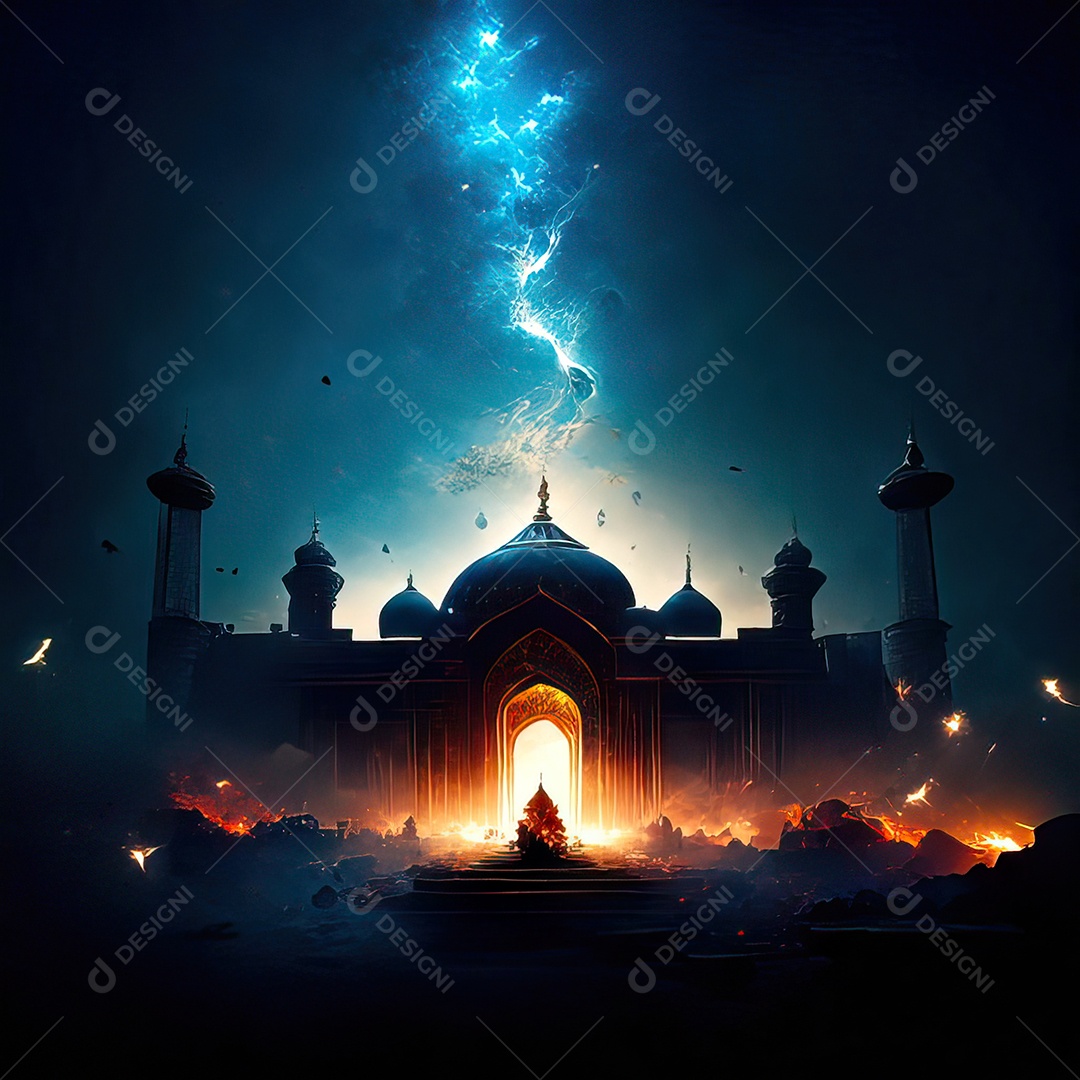 Bismillah illustração sobre mesquita ao fundo