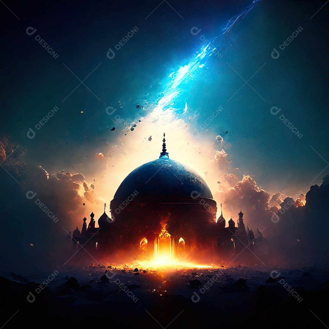 Bismillah illustração sobre mesquita ao fundo