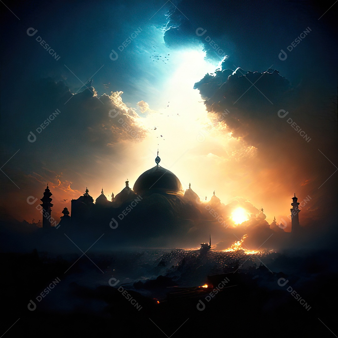 Bismillah illustração sobre mesquita ao fundo