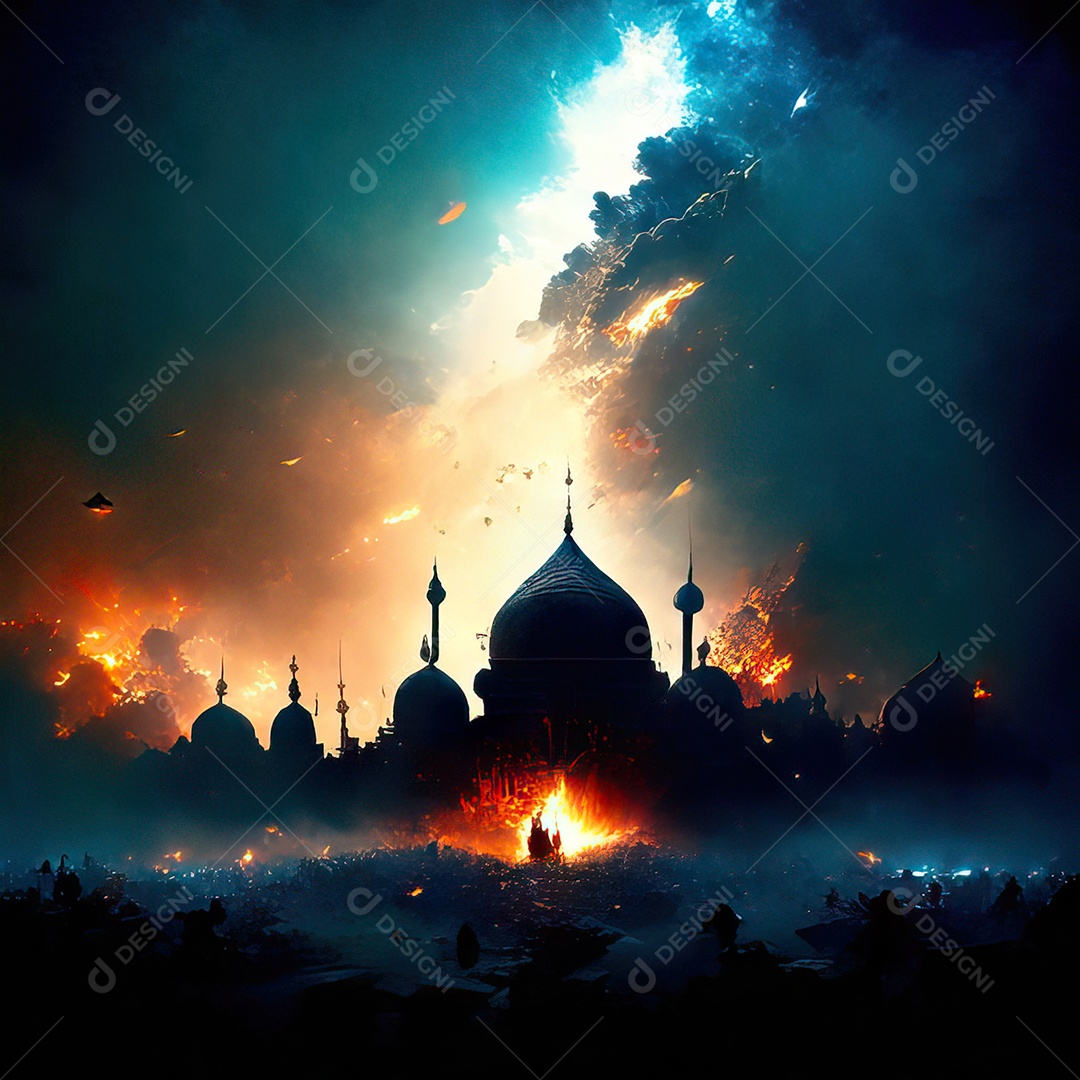 Bismillah illustração sobre mesquita ao fundo