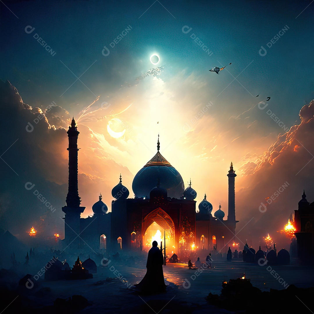 Bismillah illustração sobre mesquita ao fundo