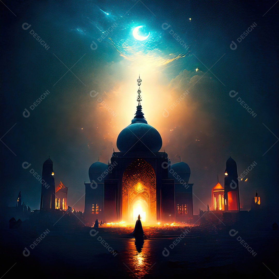 Bismillah illustração sobre mesquita ao fundo