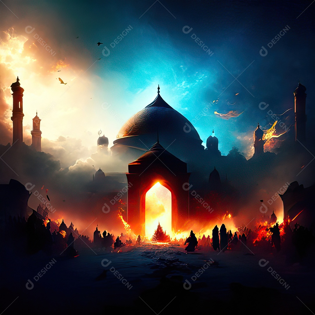 Bismillah illustração sobre mesquita ao fundo