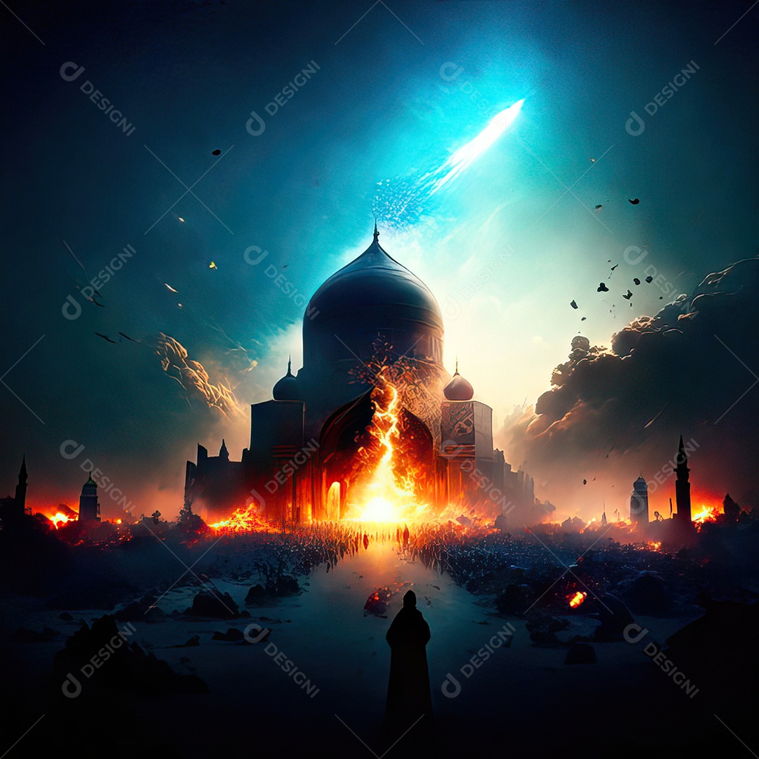 Bismillah illustração sobre mesquita ao fundo