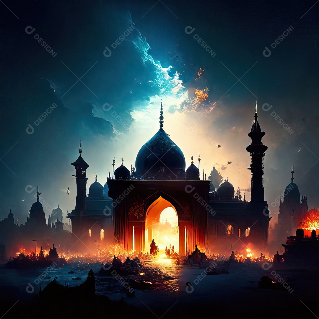 Bismillah illustração sobre mesquita ao fundo