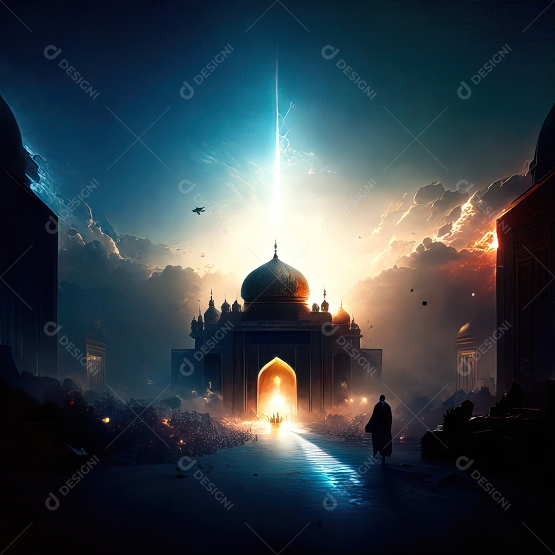 Bismillah illustração sobre mesquita ao fundo