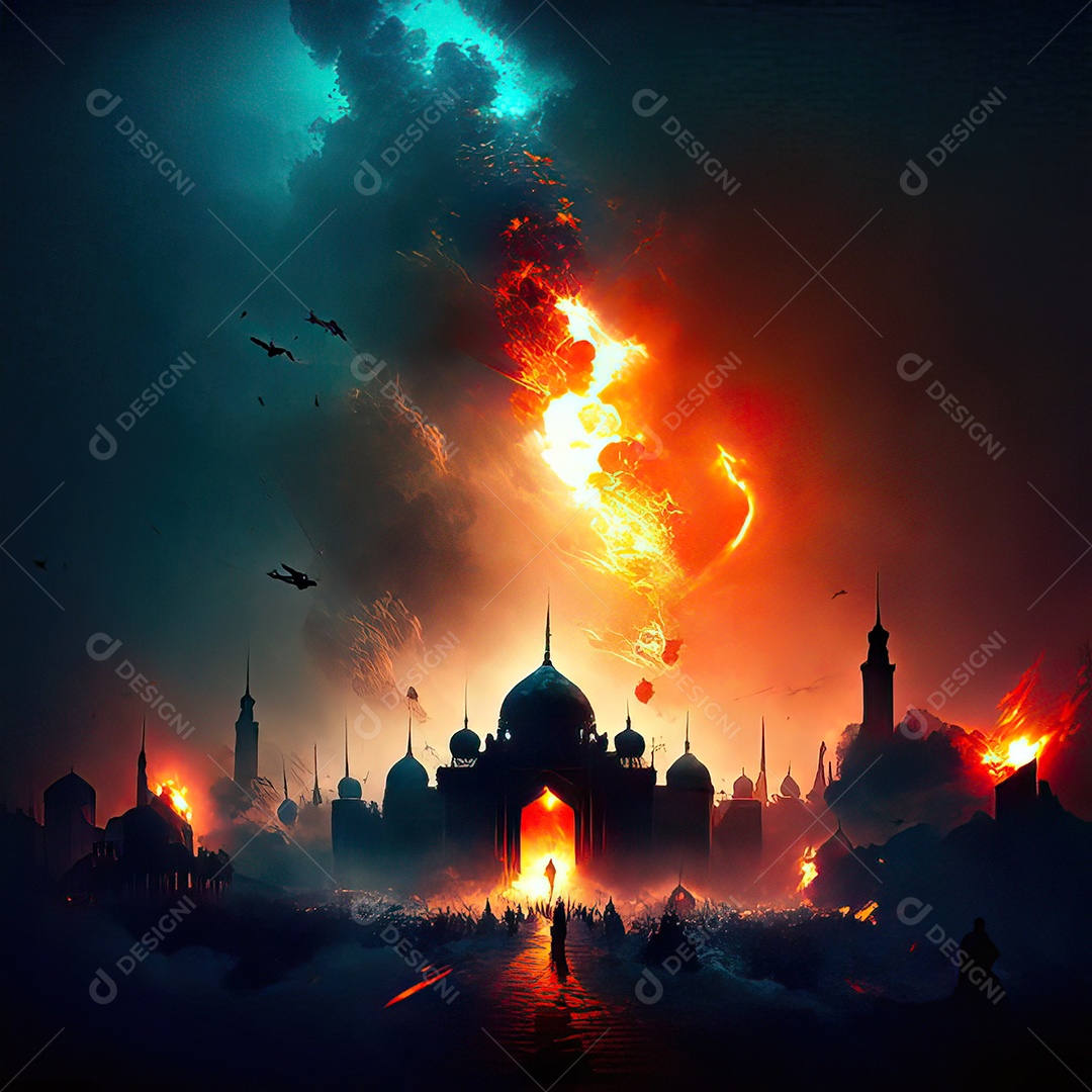 Bismillah illustração sobre mesquita ao fundo