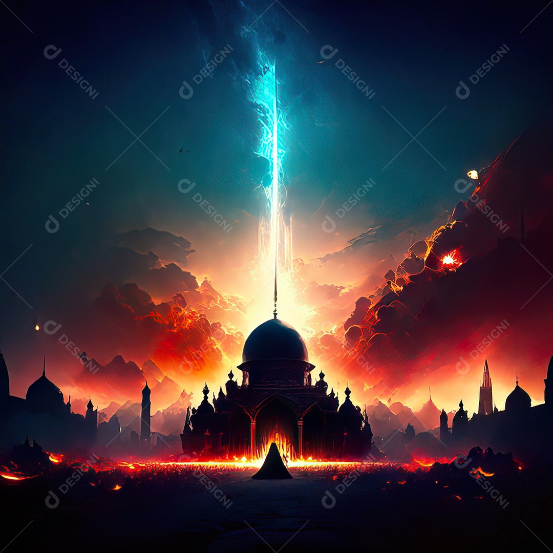 Bismillah illustração sobre mesquita ao fundo