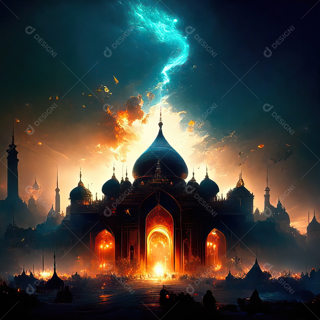 Bismillah illustração sobre mesquita ao fundo