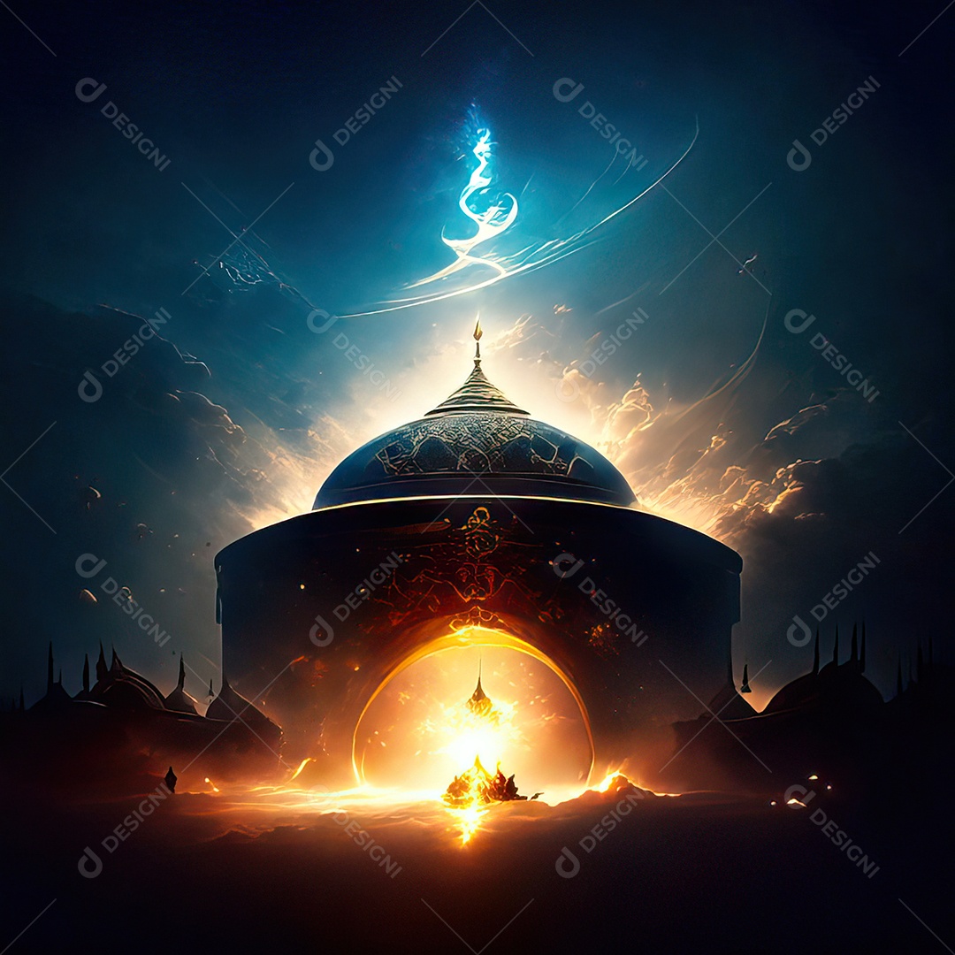 Bismillah illustração sobre mesquita ao fundo