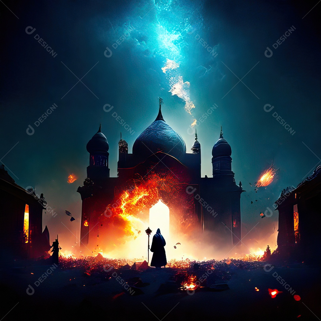 Bismillah illustração sobre mesquita ao fundo