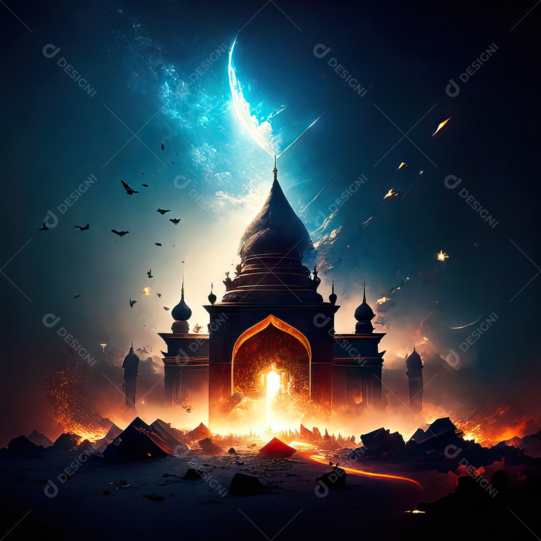 Bismillah illustração sobre mesquita ao fundo