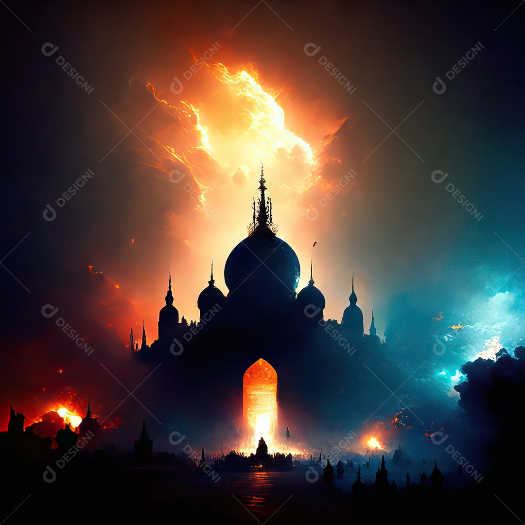 Bismillah illustração sobre mesquita ao fundo