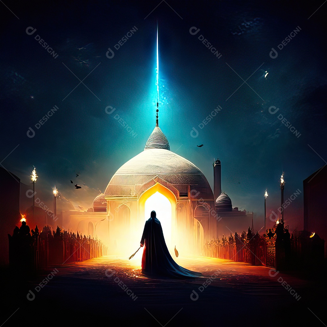 Bismillah illustração sobre mesquita ao fundo