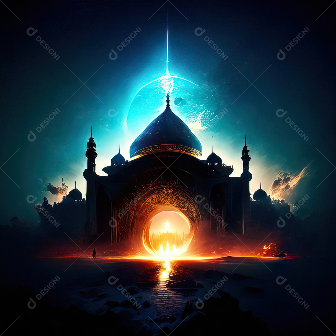 Bismillah illustração sobre mesquita ao fundo