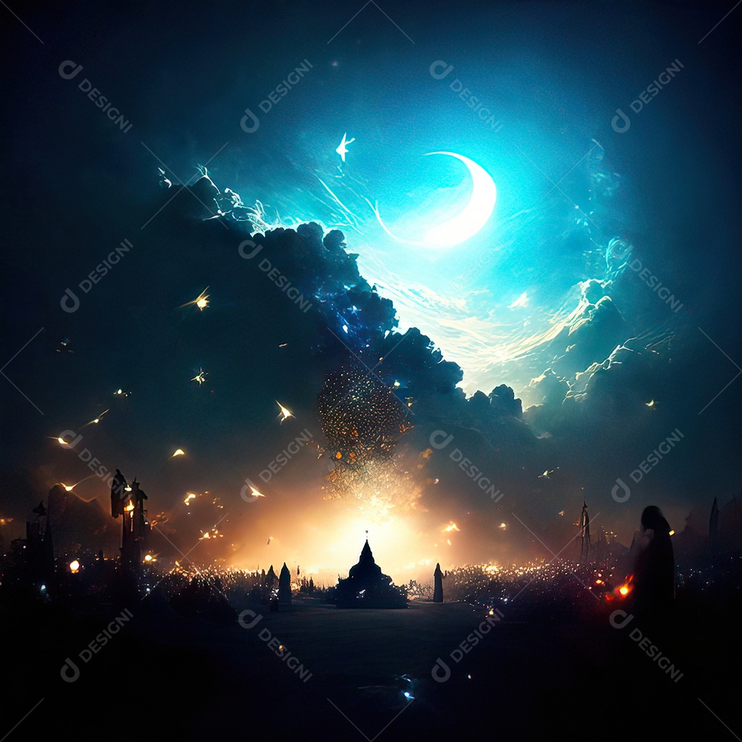 Bismillah illustração sobre mesquita ao fundo