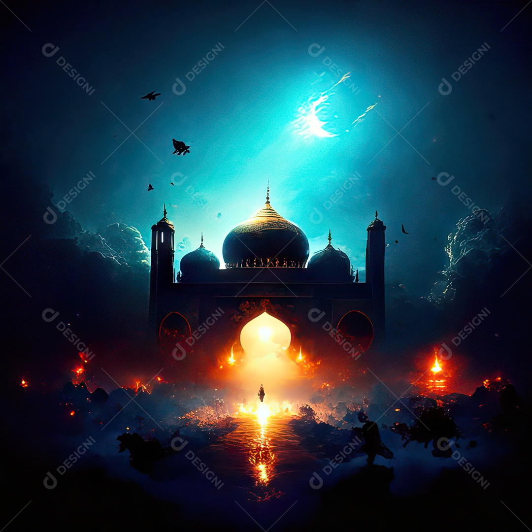 Bismillah illustração sobre mesquita ao fundo