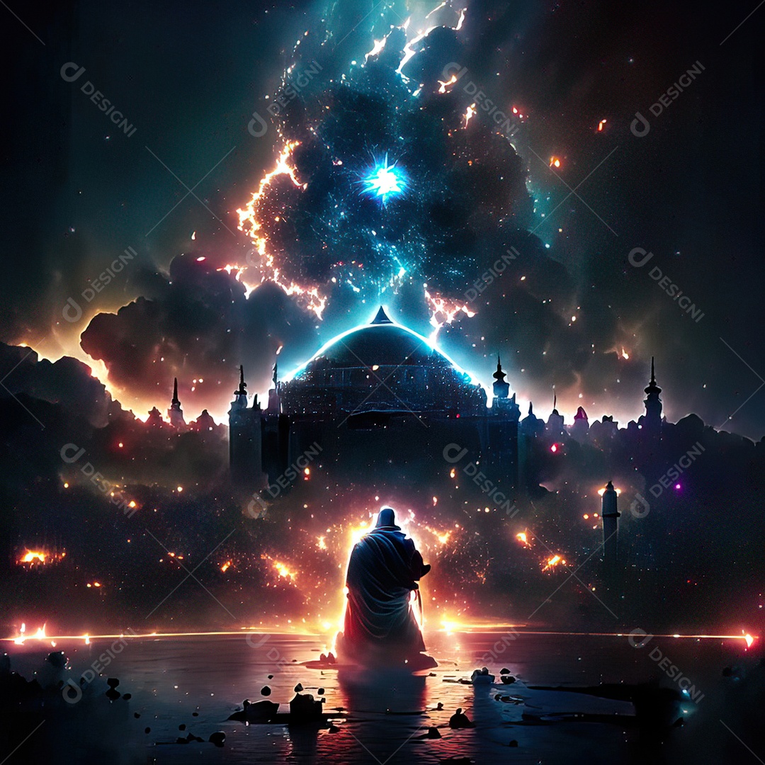 Bismillah illustração sobre mesquita ao fundo