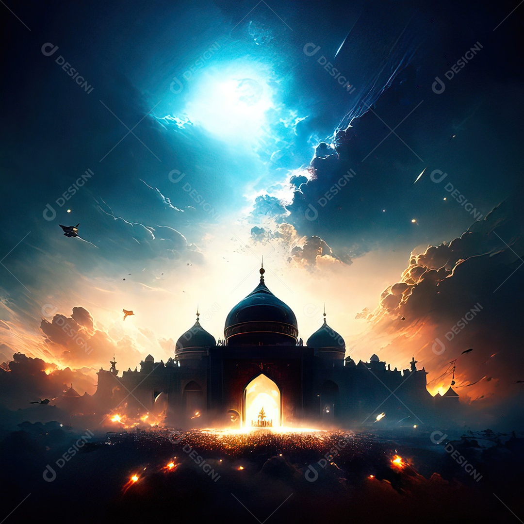 Bismillah illustração sobre mesquita ao fundo