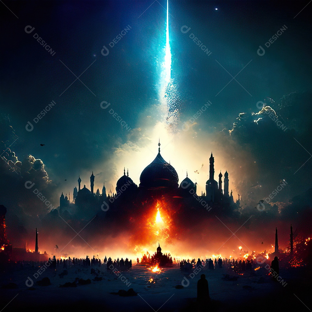 Bismillah illustração sobre mesquita ao fundo