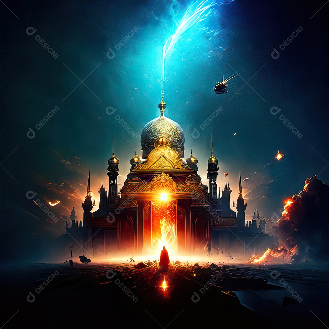 Bismillah illustração sobre mesquita ao fundo